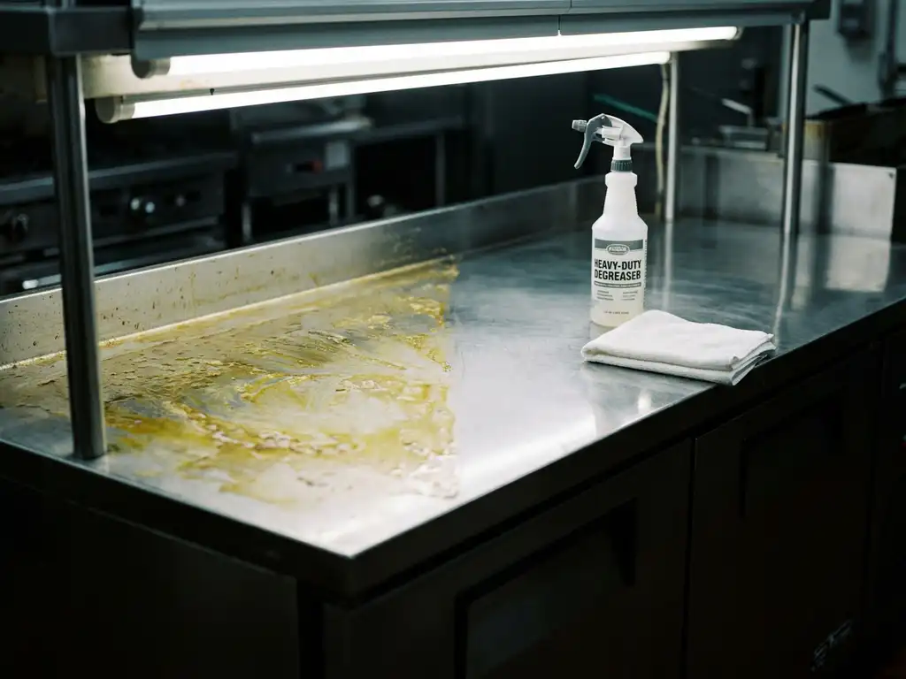 Roestvrijstalen keukenoppervlak half vettig en half glanzend schoon, met professionele ontvetter en witte microvezeldoek.