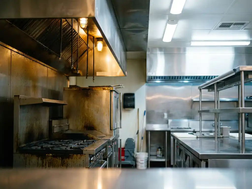 Professionele keuken met vettige, verwaarloosde kookplaat en afzuigkap die overgaat in glanzend roestvrij staal.