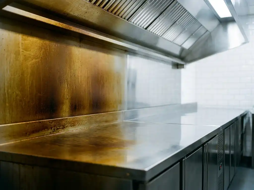 Professionele roestvrijstalen keuken met afzuigkap, half bedekt met vetaanslag en half spiegelglad gereinigd.