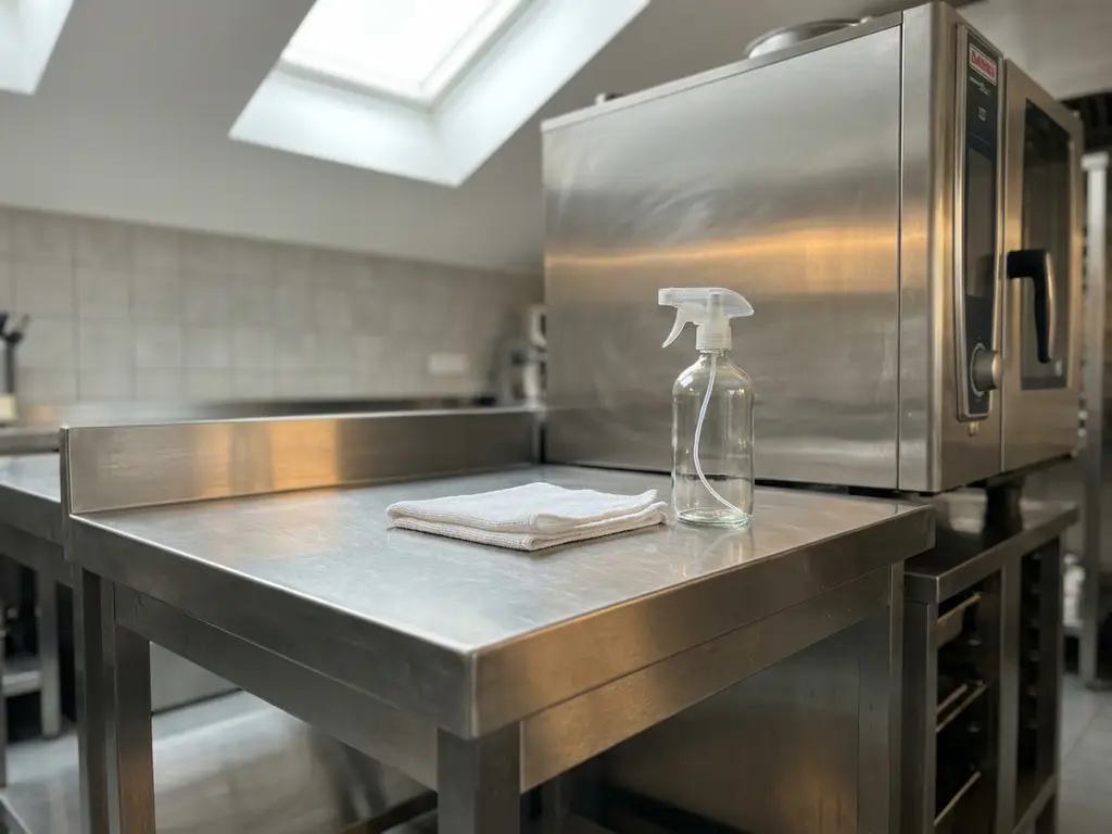Glanzend roestvrijstalen professionele keuken na ontvetting, met gepolijste werkbladen, witte microvezeldoek en reinigingsspray.