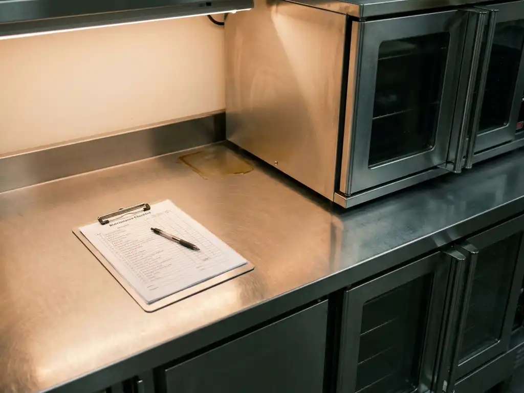 Glanzend roestvrijstalen professioneel keukenoppervlak na ontvetting, met klembord en onderhoudslijst naast industriële oven.