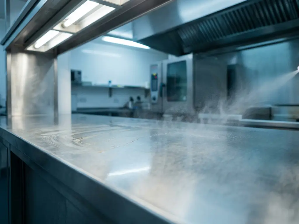 Roestvrijstalen professioneel keukenblad half ontvet en gedesinfecteerd, met commerciële oven en afzuigkap op de achtergrond.