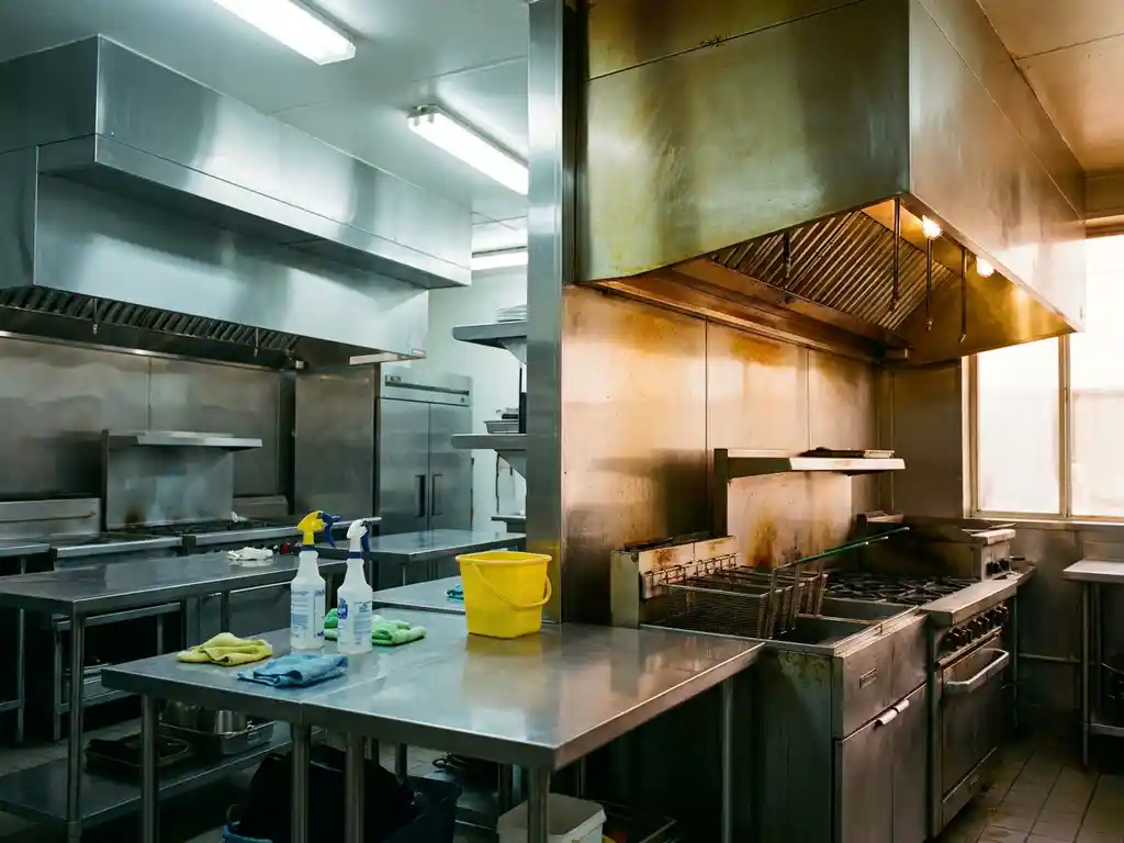 Commerciële roestvrijstalen keuken met ontvet werkoppervlak naast vettig apparatuur, professionele schoonmaakmiddelen op glanzend aanrecht.