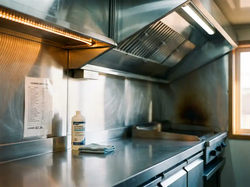 Gepolijst roestvrijstalen keukenblad na professionele ontvetting, met reinigingscertificaat en schoonmaakmateriaal, industriële afzuigkap erboven.