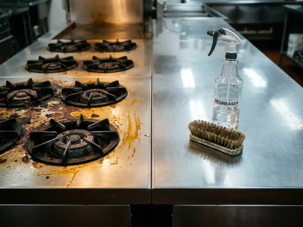 Roestvrij stalen keukenoppervlak half vettig met aangekoekt vuil rond branders, half brandschoon na professionele reiniging, met spuitfles en schrobber.