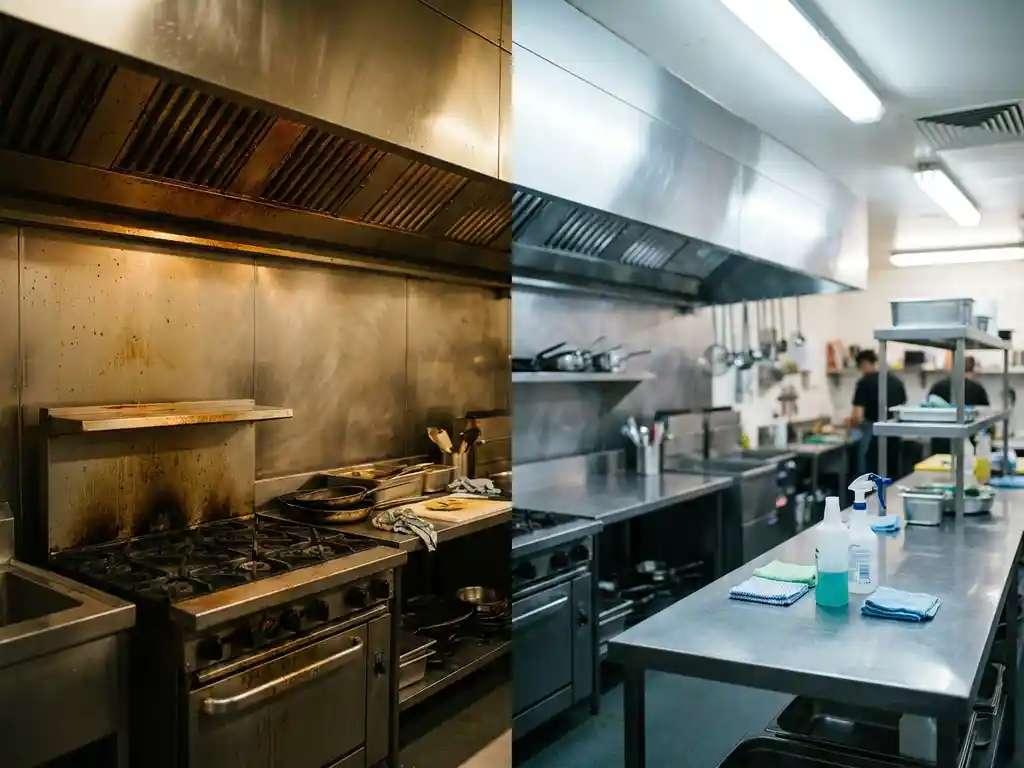 Commerciële keuken voor en na professionele reiniging, met vettige apparatuur links en glanzend roestvrijstalen oppervlak rechts.