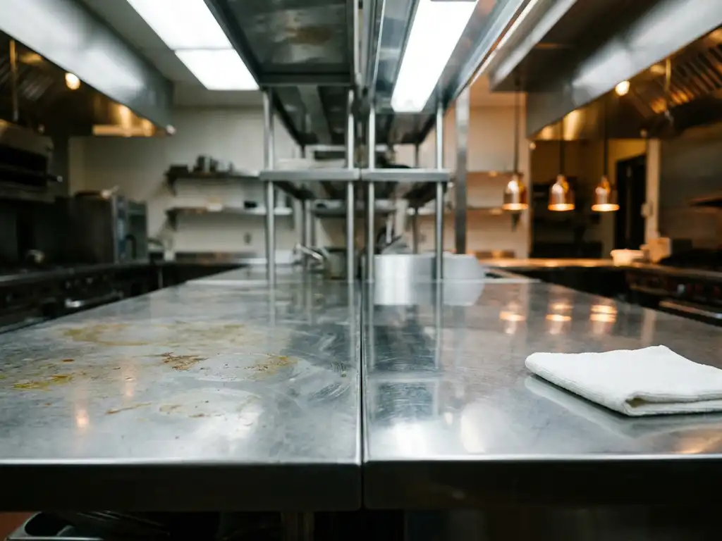 Professioneel roestvrijstalen keukenblad half ontvet en spiegelglad, met witte reinigingsdoek op het gepolijste gedeelte.