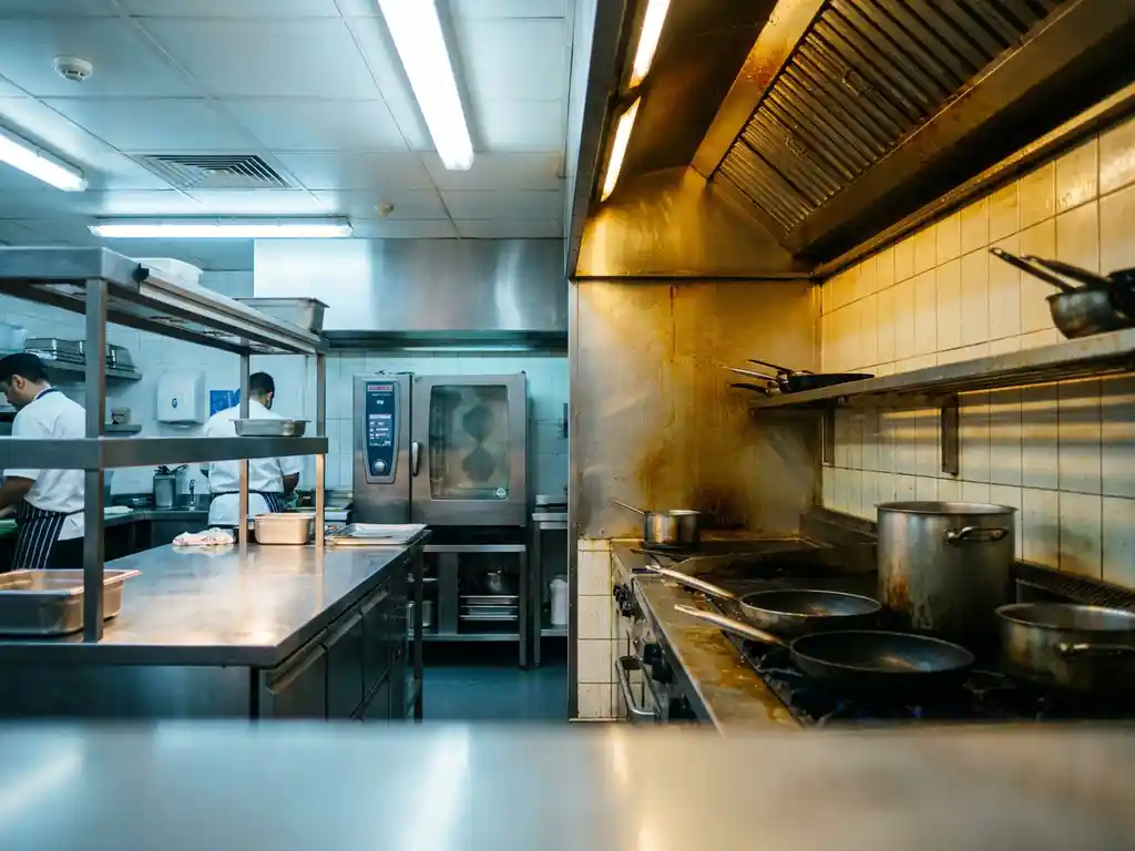 Professionele keuken met glanzend roestvrijstalen werkblad naast vettig verwaarloosd aanrecht, industriële afzuigkap en zware oven op de achtergrond.