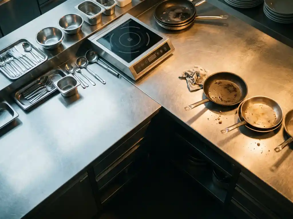 Glanzend roestvrijstalen professioneel keukenblad met spiegelend oppervlak naast een licht vervuild hoekje, bovenaanzicht.