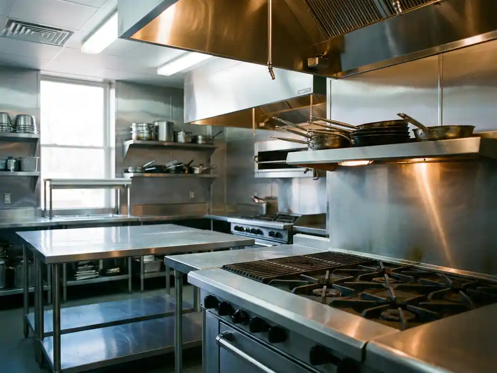 Glanzende roestvrijstalen professionele keuken na dieptereiniging, met vlekkeloze kookplaat, commercieel fornuis en vetvrije afzuigkap.