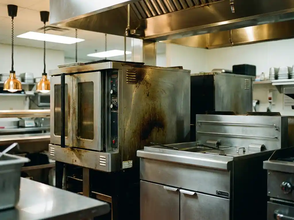 Roestvrij stalen commerciële oven naast een friteuse in professionele keuken, één vettig met aangebakken resten, de ander spiegelglad gereinigd.