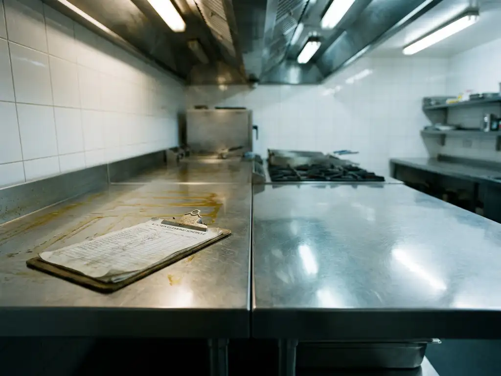 Roestvrijstalen keukenwerkblad half vettig en dof, half spiegelglad gereinigd, met professioneel schoonmaakschema klembord erop.