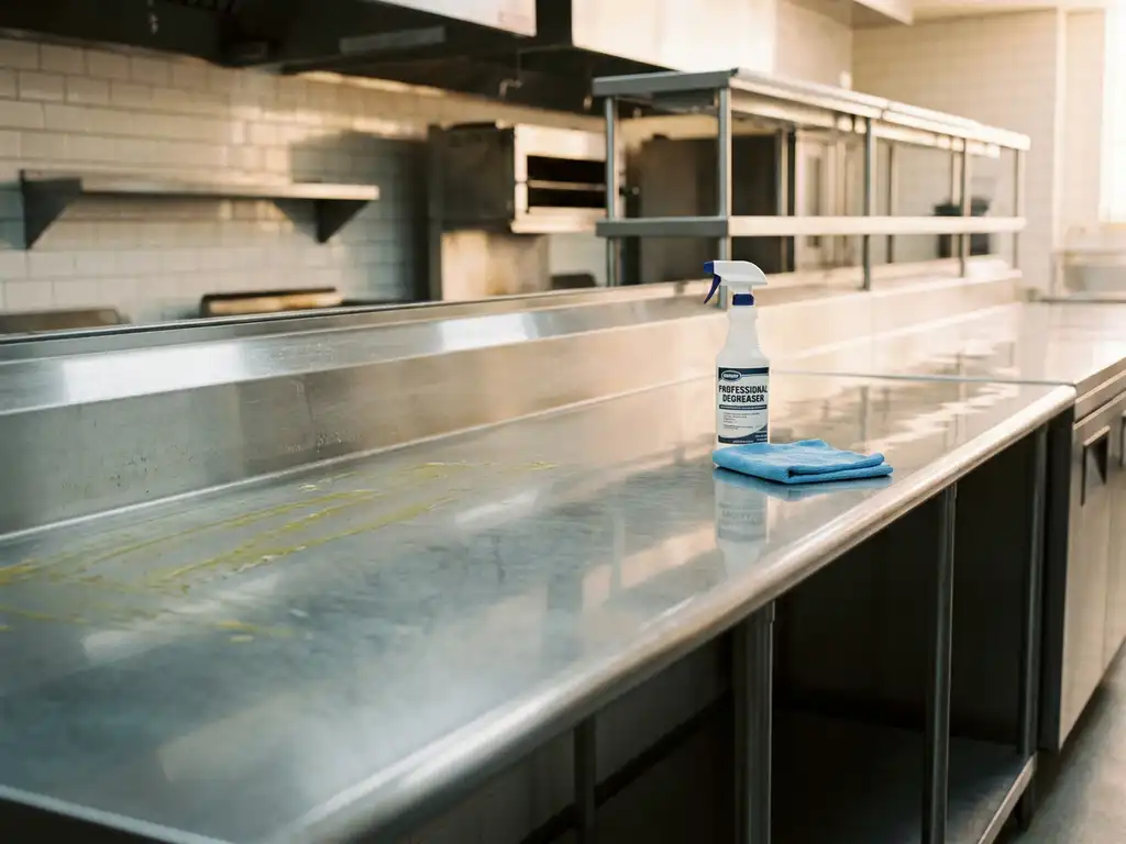 Roestvrijstalen keukenblad half vettig, half spiegelglad na ontvetting, met reinigingsspray en microvezeldoek op het oppervlak.