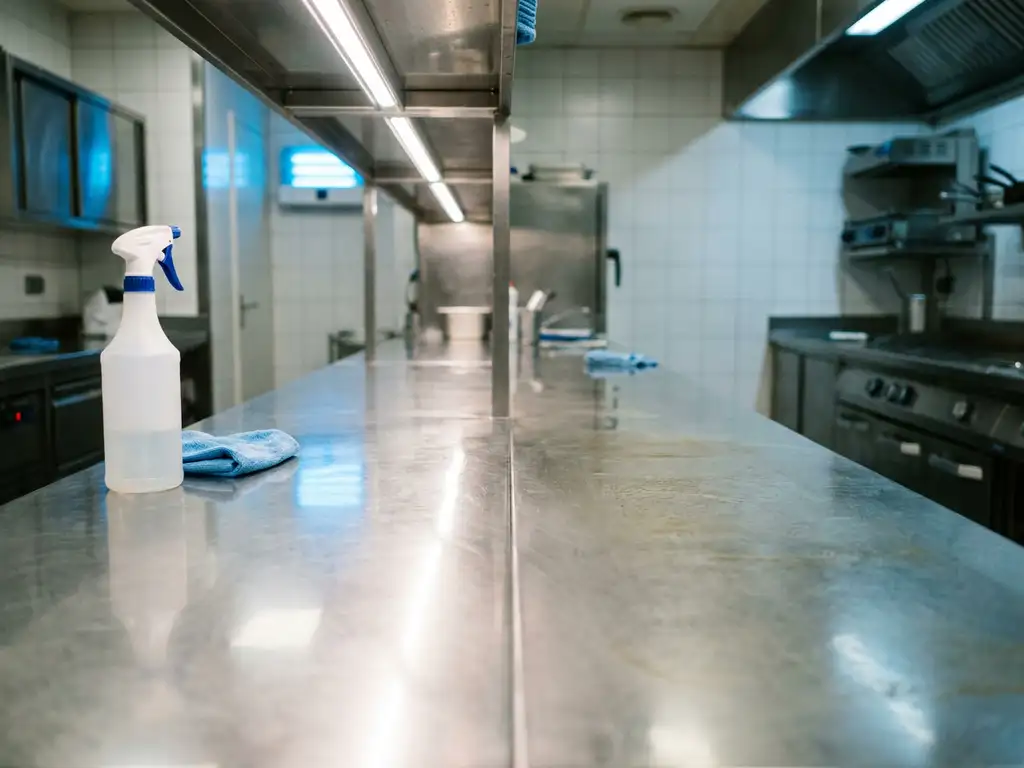 Roestvrijstalen keukenblad half ontvet met zichtbaar vetresidu naast glanzend schoon oppervlak, schoonmaakspray en microvezeldoek op de rand.