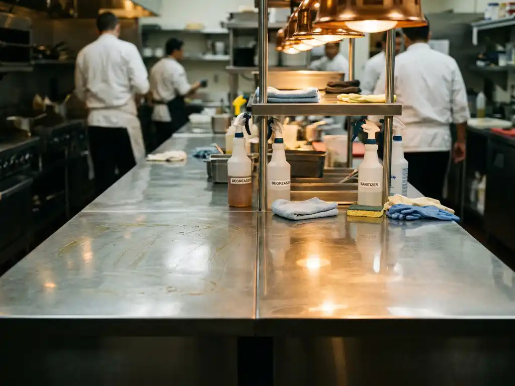 Roestvrijstalen keukenblad half vettig en dof, half spiegelglad na reiniging, met professionele schoonmaakproducten op aanrecht.