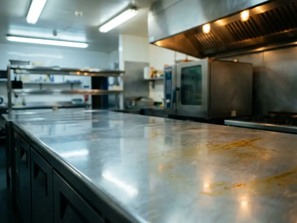 Roestvrijstalen keukenblad half ontvet en glanzend, half dof en vettig, met professionele oven en afzuigkap op de achtergrond.