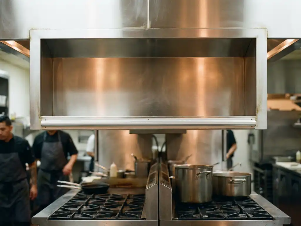 Schone roestvrijstalen afzuigkap boven een professioneel fornuis in een restaurantkeuken, glanzend metaaloppervlak met warme omgevingsverlichting.
