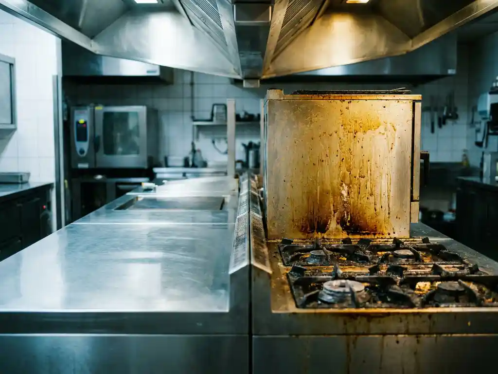 Roestvrijstalen keukenblad half ontvет en glanzend, half bedekt met vetaanslag en aangekorste branders in professionele keuken.