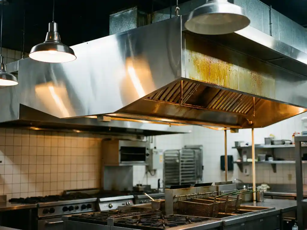 Roestvrijstalen afzuigkap in commerciële keuken, half vettig en half professioneel gereinigd, met glanzend gepolijst staal onder industriële verlichting.