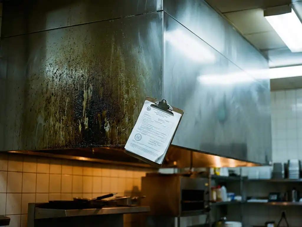 Roestvrijstalen afzuigkap half bedekt met vet, half glanzend schoon, met inspectiecertificaat op klembord in professionele keuken.