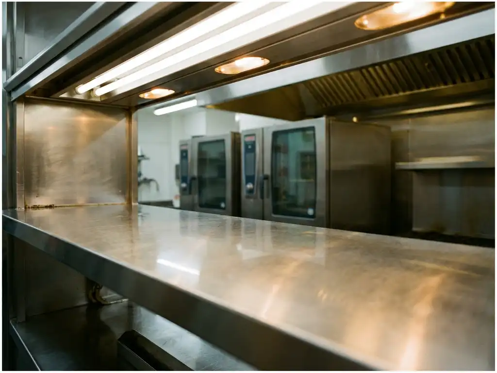 Glanzend schoon roestvrijstalen keukenblad na professionele reiniging, met ontvette oppervlakken en industriële oven op de achtergrond.