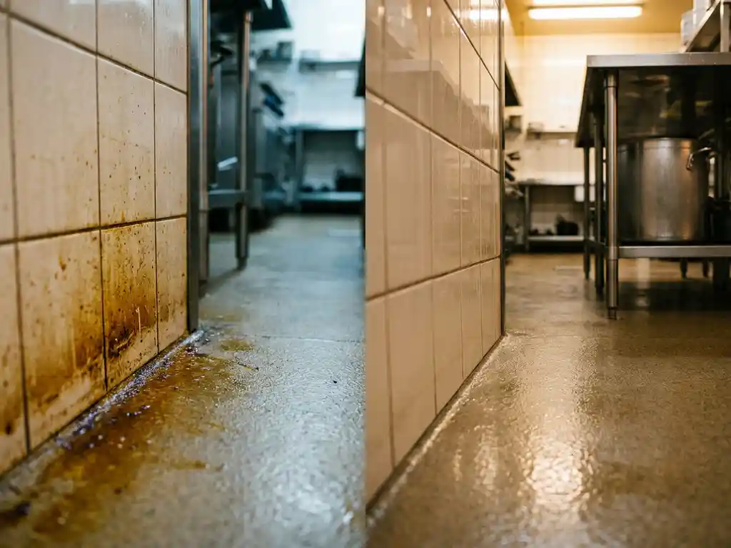 Commerciële keuken vloer-wandovergang half vettig en vies, half brandschoon, met keramische tegels en roestvrijstalen apparatuur op de achtergrond.