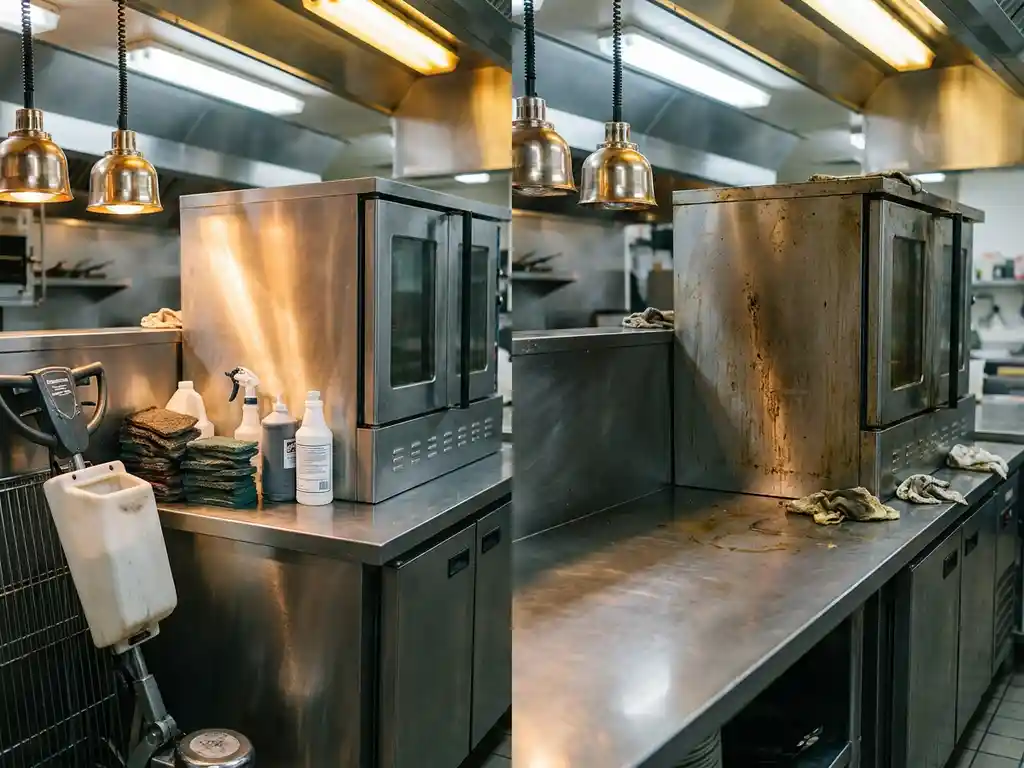 Glanzend roestvrijstalen keukenblad en industriële oven na dieptereiniging, één zijde vettig, andere zijde vlekkeloos gepoetst.