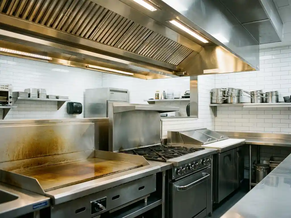 Glanzend roestvrijstalen professionele keuken na grondige reiniging, met vetvrij fornuis en industriële afzuigkap onder felle verlichting.