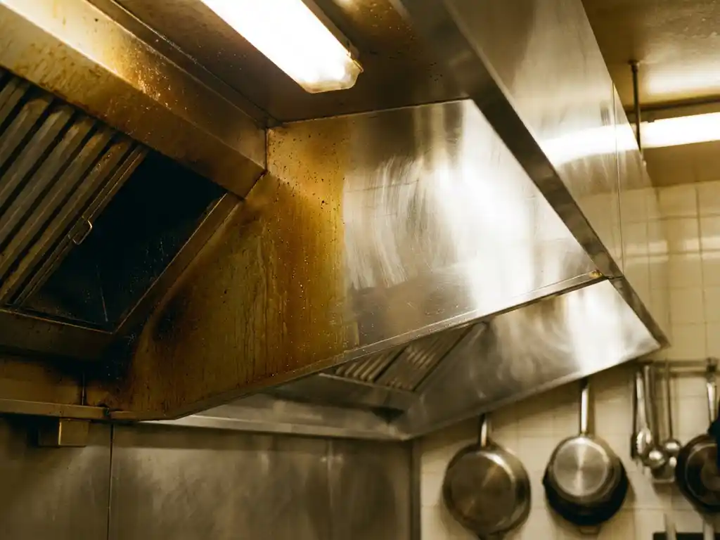 Vettige roestvrijstalen dampkap in professionele keuken, één helft glanzend schoongemaakt, commerciële keukenreiniging.