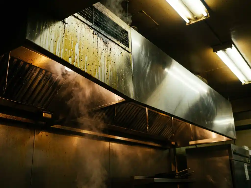 Vervuilde afzuigkap in commerciële keuken met dikke vetaanslag aan één kant, tegenover glanzend schoon roestvrij staal.